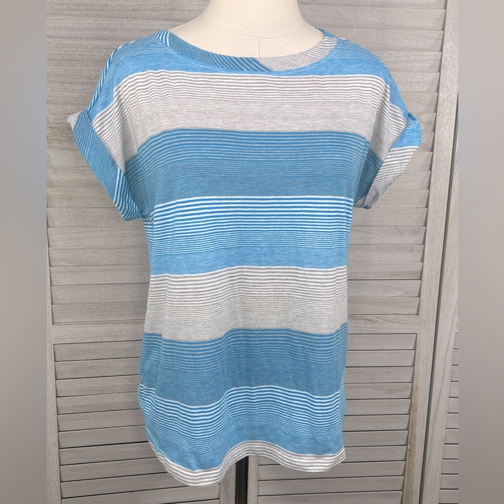 LEMON TART Folded Sleeve Tee Blue/Gray/White Stripes-Medium